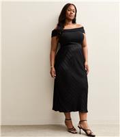 Women's Plus Size Black Striped Satin Bias Cut Midi Skirt Curves New Look