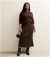 Women's Plus Size Dark Brown Striped Satin Bias Cut Midi Skirt Curves New Look