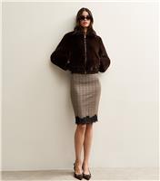 Women's Brown Check Lace Hem Midi Skirt New Look