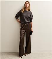 Women's Dark Brown Satin Wide Leg Trousers New Look