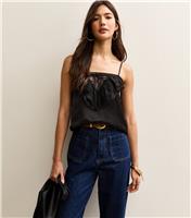 Women's Black Lace Frill Cami Top New Look