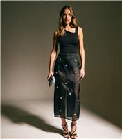 Women's Black Organza Gem Embellished Sheer Midi Skirt New Look