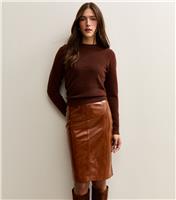 Women's Tan Cracked Faux Leather Pencil Skirt New Look