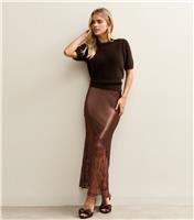 Women's Petite Dark Brown Satin Lace Asymmetric Bias Midi Skirt New Look