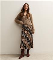 Women's Petite Brown Spot Print Bias Cut Midi Skirt New Look