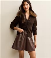 Women's Dark Brown Faux Leather A-Line Mini Skirt New Look