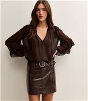 Women's Dark Burgundy Belted Croc Embossed Mini Skirt New Look