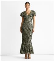 Women's Dark Green Gold Jacquard Midi Dress Gini London New Look