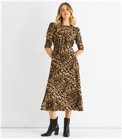 Women's Brown Leopard Print Puff Sleeve Midi Dress Gini London New Look