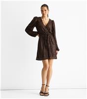 Women's Mid Brown Sequin Wrap Mini Dress Gini London New Look