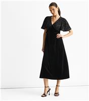 Women's Black Sequin Top Velvet Midi Dress Gini London New Look