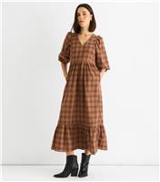 Women's Brown Puff Sleeve Check Midi Dress Gini London New Look
