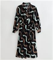 Women's Plus Size Blue and Brown Ribbon Long Sleeve Pussybow Midi Dress Curves New Look