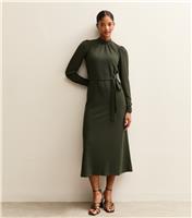 Women's Dark Khaki Crinkled High Neck Midi Dress New Look