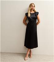 Women's Black Satin Ruffled Sleeve Midi Dress New Look