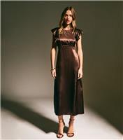 Women's Dark Brown Satin Ruffled Sleeve Midi Dress New Look