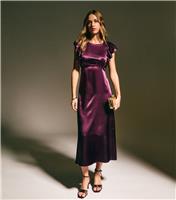 Women's Dark Burgundy Satin Ruffled Sleeve Midi Dress New Look
