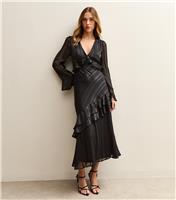 Women's Black Satin Striped Midi Dress New Look