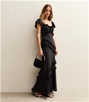 Women's Black Satin Ruffled Trim Midi Dress New Look