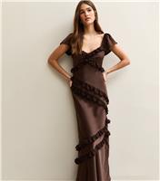 Women's Dark Brown Satin Ruffled Trim Midi Dress New Look