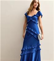 Women's Dark Blue Satin Ruffled Trim Midi Dress New Look