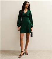 Women's Dark Green Satin Long Sleeve Mini Dress New Look