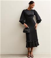 Women's Black Satin Frill Trim Midi Dress New Look