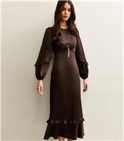 Women's Dark Brown Satin Frill Trim Midi Dress New Look