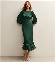 Women's Dark Green Satin Frill Trim Midi Dress New Look