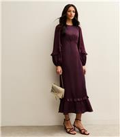 Women's Dark Burgundy Satin Frill Trim Midi Dress New Look