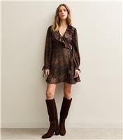 Women's Dark Brown Crepe Animal Print Ruffle Wrap Mini Dress New Look