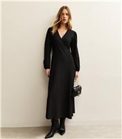 Women's Black Crinkle Wrap Midi Dress New Look