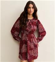 Women's Red Crepe Abstract Print Tie Front Smock Mini Dress New Look