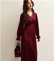 Women's Red Polka Dot Lace Neck Midi Dress New Look