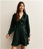 Women's Dark Green Animal Print Ruffled Crepe Mini Wrap Dress New Look