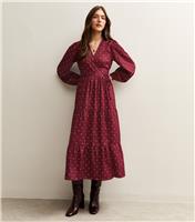 Women's Red Crepe Polka Dot Wrap Midi Dress New Look