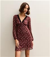 Women's Dark Red Floral Mesh Mini Dress New Look
