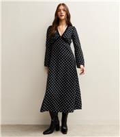 Women's Black Polka Dot Flared Sleeve Velvet Detail Midi Dress New Look