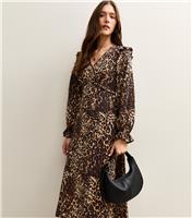 Women's Brown Animal Print Frill Shoulder Midi Dress New Look