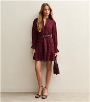 Women's Red Chiffon Polka Dot Tie Neck Mini Dress New Look