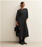 Women's Black Spot Crinkled Tiered Midi Dress New Look