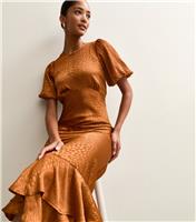 Women's Light Brown Feather Jacquard Satin Midi Dress New Look