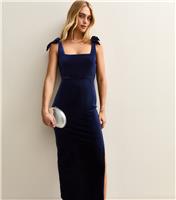 Women's Navy Velvet Bow Shoulder Midi Dress New Look