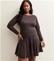 Women's Curve Brown Long Sleeve Animal Print Skater Mini Dress New Look
