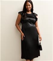 Women's Plus Size Black Satin Ruffled Sleeve Midi Dress Curves New Look