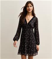 Women's Black Floral Mesh Long Sleeve Mini Dress New Look