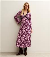Women's Pink Floral Velvet Devore V-Neck Midi Dress New Look