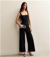 Women's Black Faux-Pearl Trim Square Neck Jumpsuit New Look