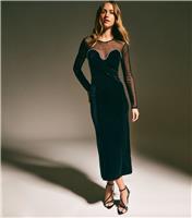 Women's Black Velvet Embellished Trim Mesh Long Sleeve Midi Dress New Look