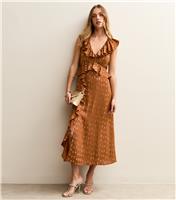 Women's Tan Gold Fleck Frill Midi Dress New Look